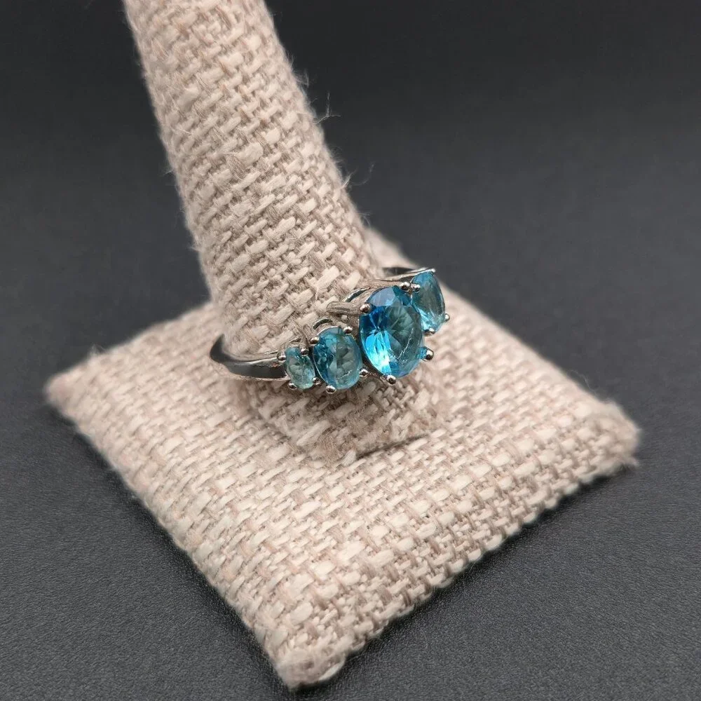 Size 12.75 Sterling Silver Multiple Blue Cubic Zirconia Gems Ring A6679 - Picture 3 of 9